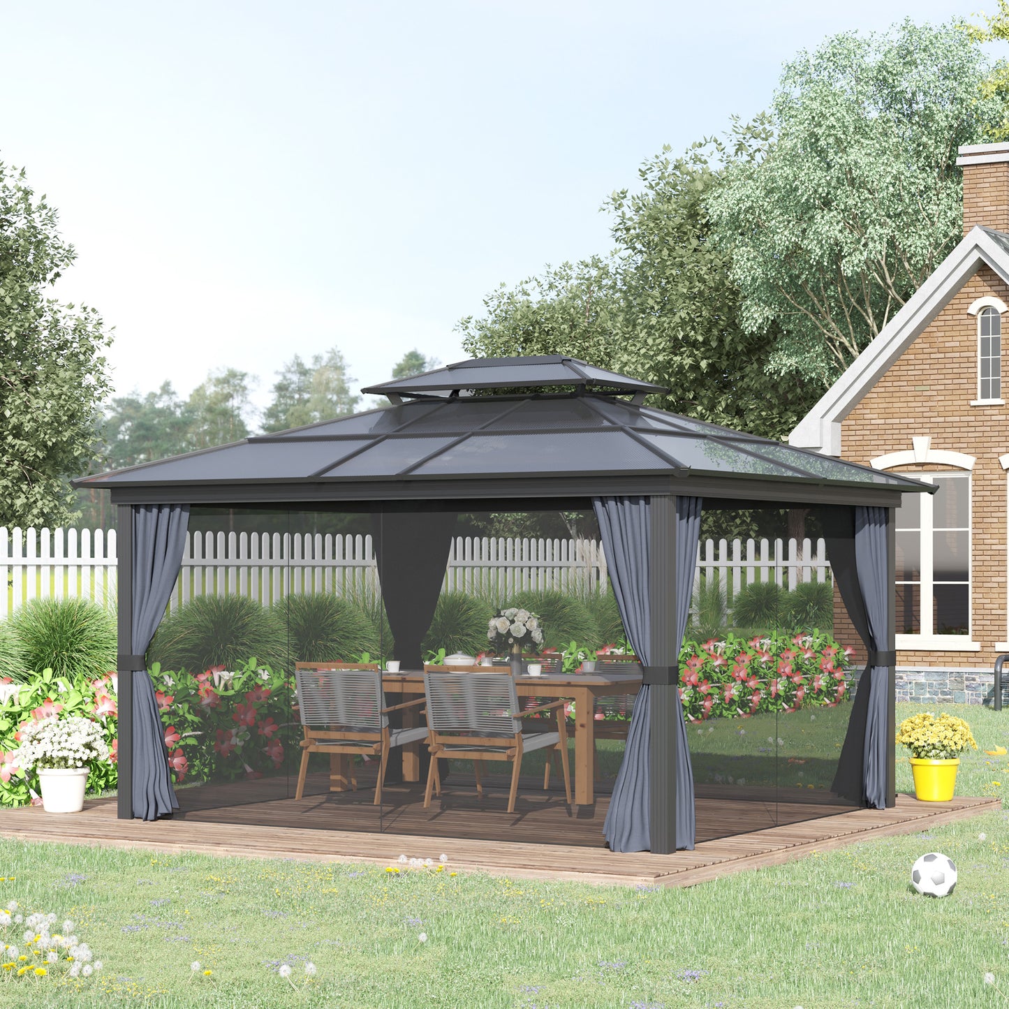 10' X 12' Hardtop Gazebo Canopy with Polycarbonate Roof, Aluminum Frame, Permanent Pavilion Outdoor Gazebo with Netting, for Patio, Garden, Backyard, Deck, Lawn, Black