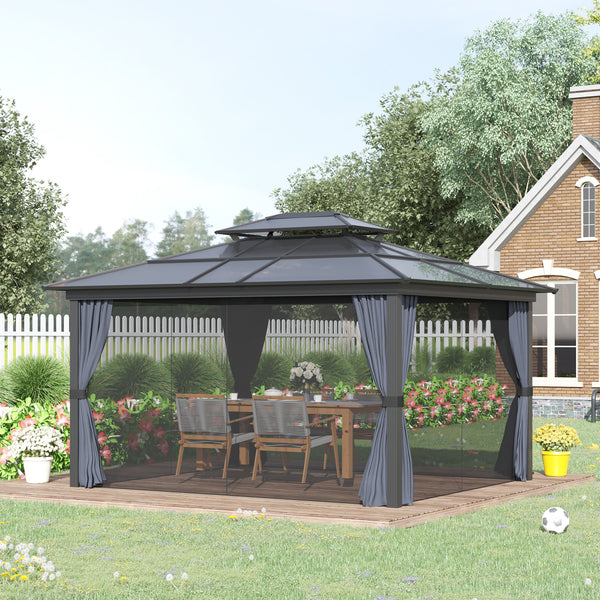 10' X 12' Hardtop Gazebo Canopy with Polycarbonate Roof, Aluminum Frame, Permanent Pavilion Outdoor Gazebo with Netting, for Patio, Garden, Backyard, Deck, Lawn, Black