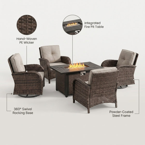 7 Piece Outdoor Patio Furniture Set, Patio Furniture Set with Fire Pit Table Rattan Wicker Patio Furniture Set, Brown Wicker & Beige Cushion — Lifestyle
