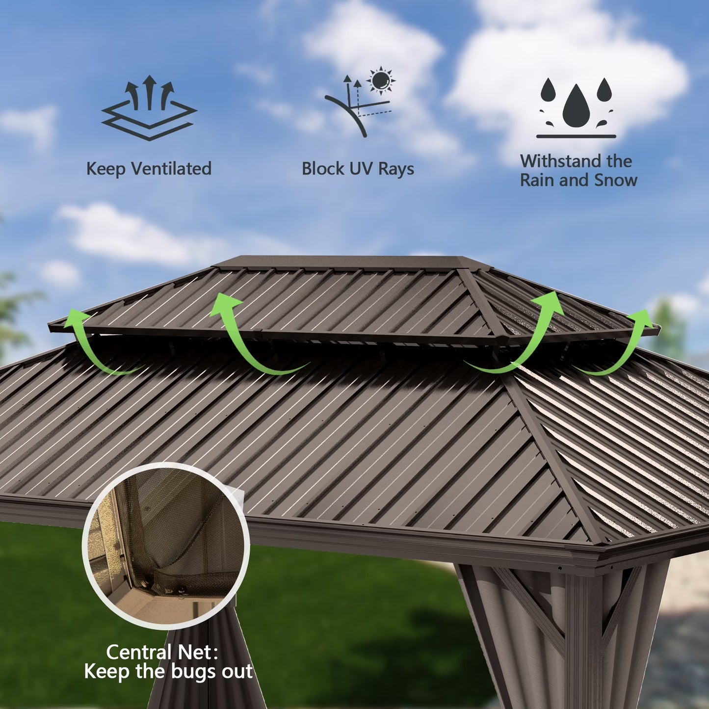 12' X 16' Hardtop Gazebo, Galvanized Steel Double Roof Canopy W/Curtains and Netting, Drainage System, Sunshade for Deck, Lawns and Backyard, Brown.