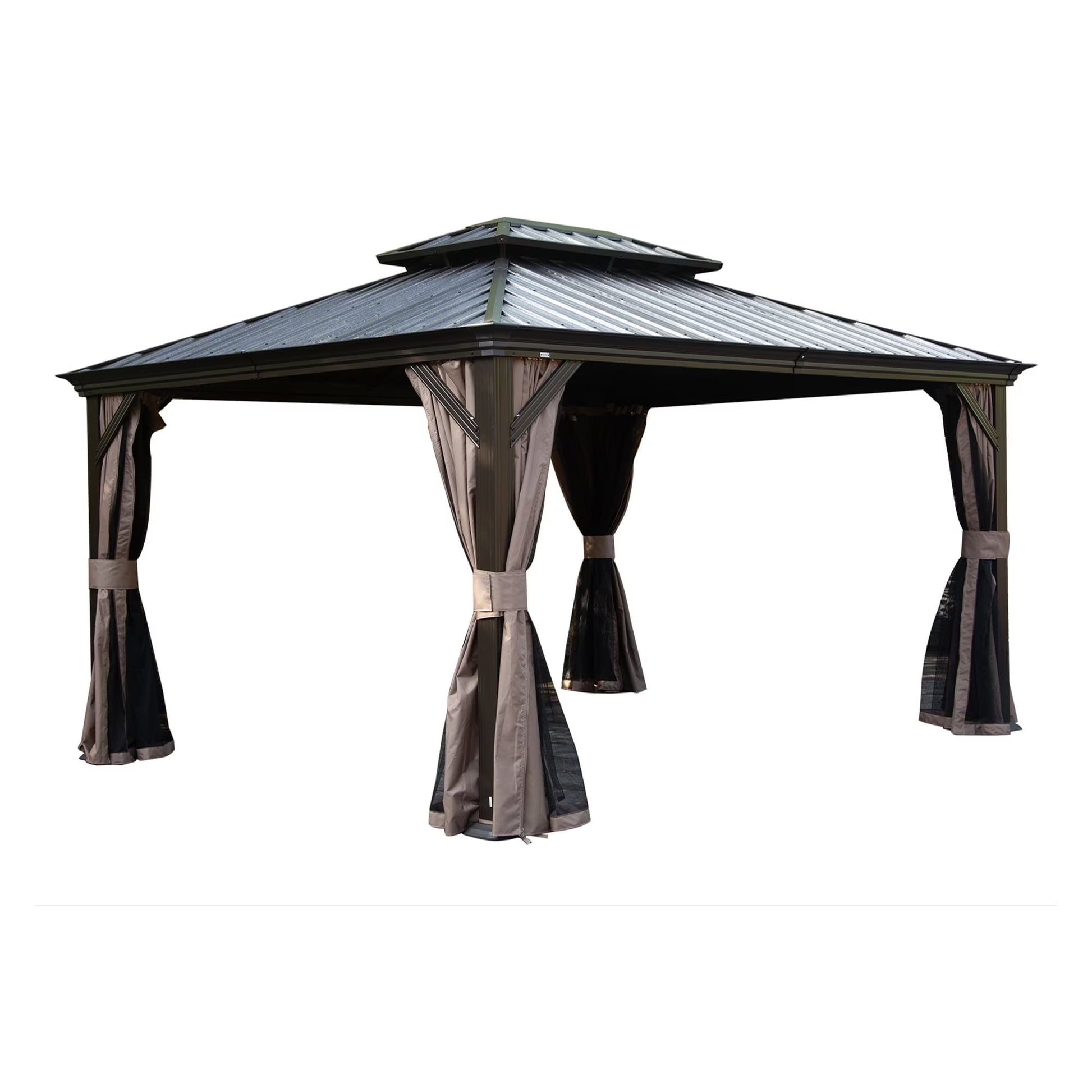 12' X 16' Hardtop Gazebo, Galvanized Steel Double Roof Canopy W/Curtains and Netting, Drainage System, Sunshade for Deck, Lawns and Backyard, Brown.