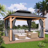11 Ft. X 13 Ft. Double Roof Hardtop Wooden Patio Gazebo with Netting and Gray Curtains