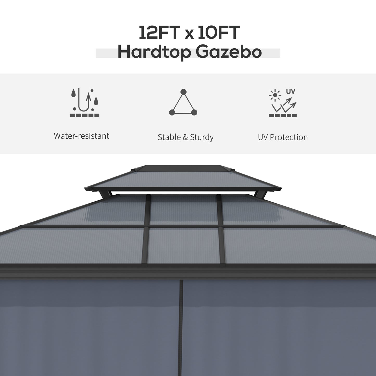 10' X 12' Hardtop Gazebo Canopy with Polycarbonate Roof, Aluminum Frame, Permanent Pavilion Outdoor Gazebo with Netting, for Patio, Garden, Backyard, Deck, Lawn, Black