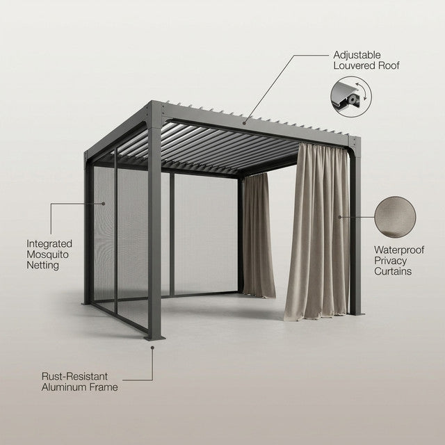 Aluminum Pergola with Adjustable Louvered Roof Waterproof Curtains and Nets — Lifestyle