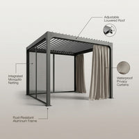 Aluminum Pergola with Adjustable Louvered Roof Waterproof Curtains and Nets — Lifestyle