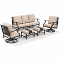 7-Seater Patio Conversation Set Metal Outdoor Furniture Set with Swivel Chairs and Ottomans - Beige