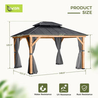 11 Ft. X 13 Ft. Double Roof Hardtop Wooden Patio Gazebo with Netting and Gray Curtains