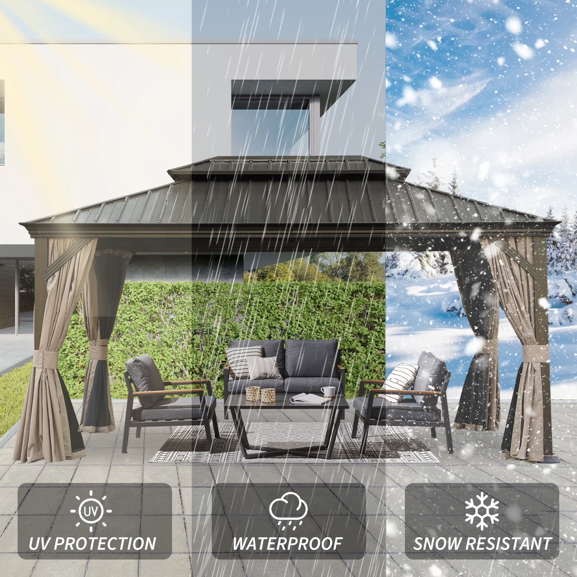 12' X 16' Hardtop Gazebo, Galvanized Steel Double Roof Canopy W/Curtains and Netting, Drainage System, Sunshade for Deck, Lawns and Backyard, Brown.