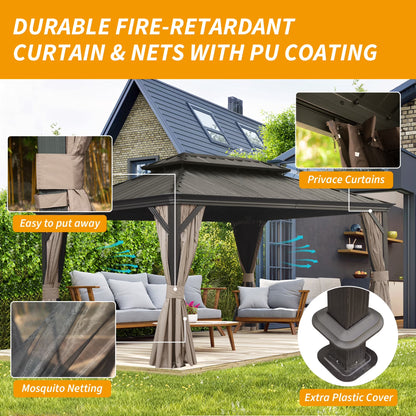 12' X 16' Hardtop Gazebo, Galvanized Steel Double Roof Canopy W/Curtains and Netting, Drainage System, Sunshade for Deck, Lawns and Backyard, Brown.