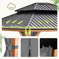 11 Ft. X 13 Ft. Double Roof Hardtop Wooden Patio Gazebo with Netting and Gray Curtains