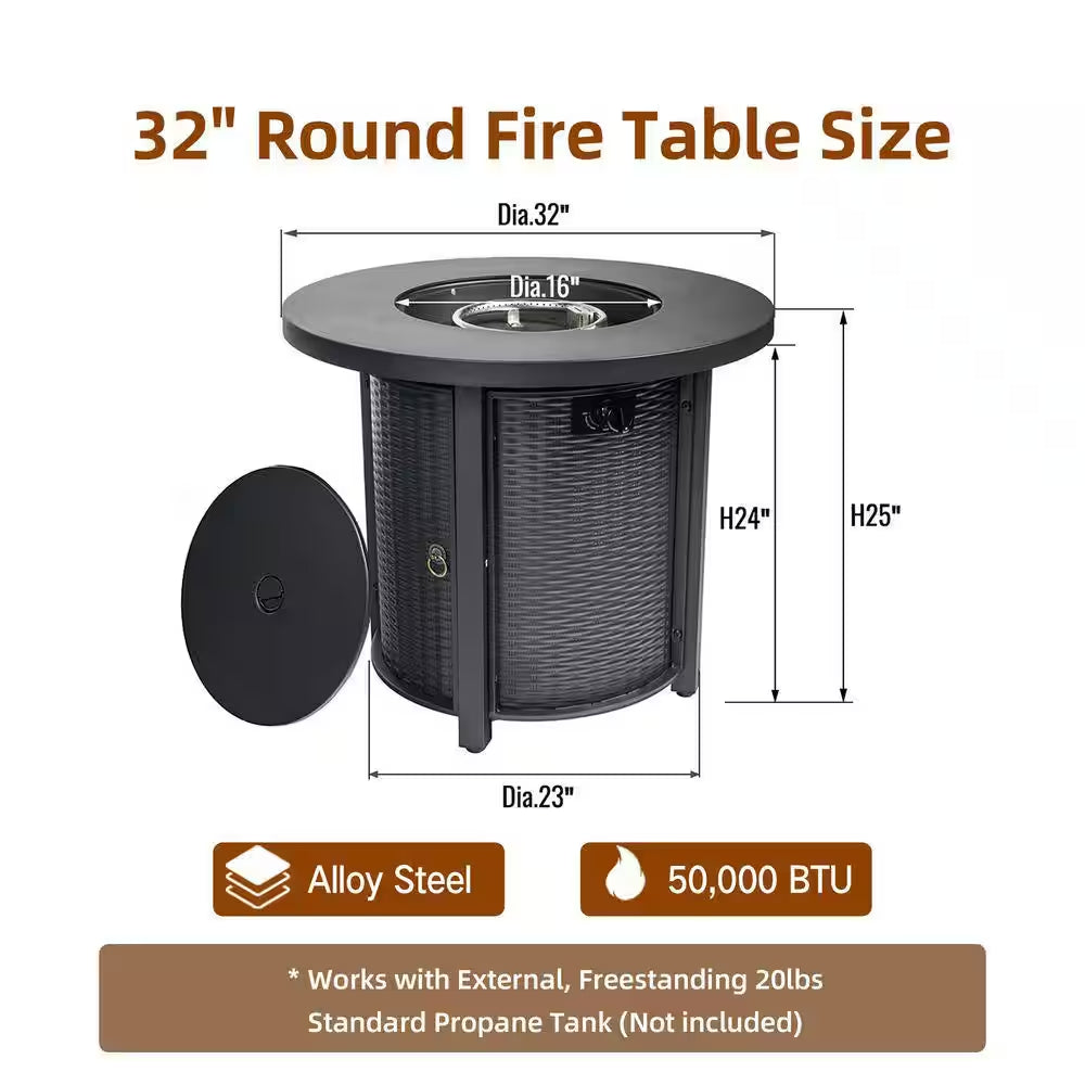 32 In. 50000 BTU Black Propane Gas Fire Pit Table round Steel Fire Pit for outside Patio Deck Garden Courtyard