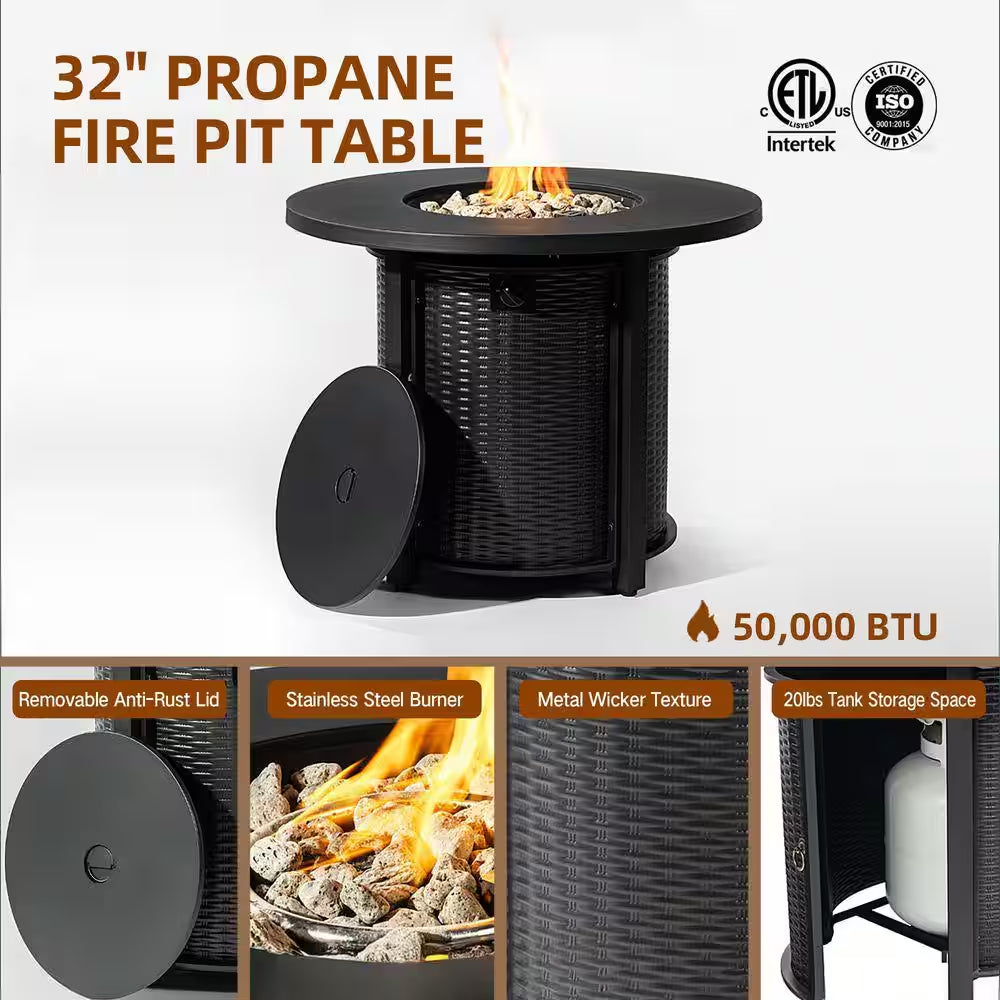 32 In. 50000 BTU Black Propane Gas Fire Pit Table round Steel Fire Pit for outside Patio Deck Garden Courtyard