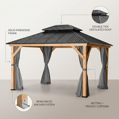 11 Ft. X 13 Ft. Double Roof Hardtop Wooden Patio Gazebo with Netting and Gray Curtains