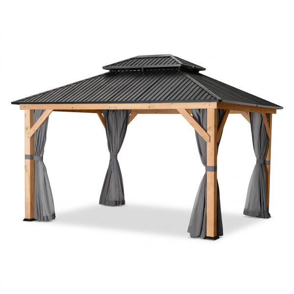 11 Ft. X 13 Ft. Double Roof Hardtop Wooden Patio Gazebo with Netting and Gray Curtains