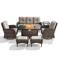 7 Piece Outdoor Patio Furniture Set, Patio Furniture Set with Fire Pit Table Rattan Wicker Patio Furniture Set, Brown Wicker & Beige Cushion — Studio Shot