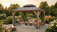 11 Ft. X 13 Ft. Double Roof Hardtop Wooden Patio Gazebo with Netting and Gray Curtains — Lifestyle