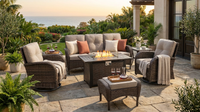 7 Piece Outdoor Patio Furniture Set, Patio Furniture Set with Fire Pit Table Rattan Wicker Patio Furniture Set, Brown Wicker & Beige Cushion — Lifestyle